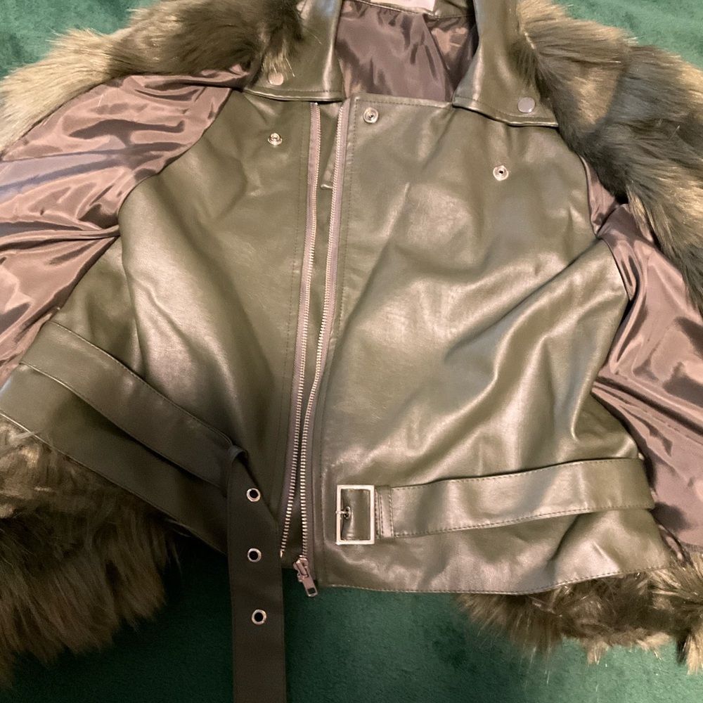 Olive Leather Jacket with Fur Accents